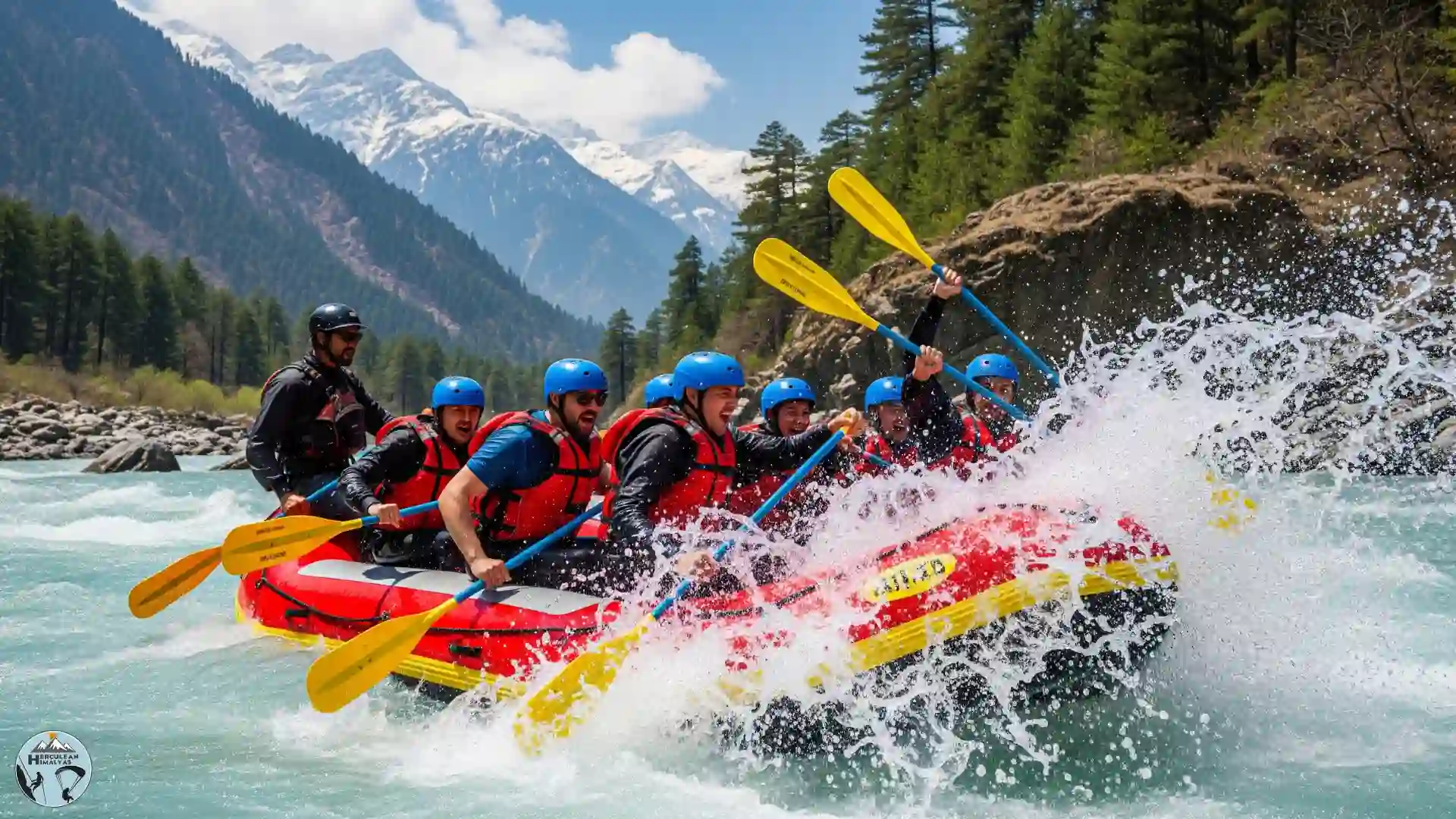White-water rafting in Manali with Beas River and snowy mountains